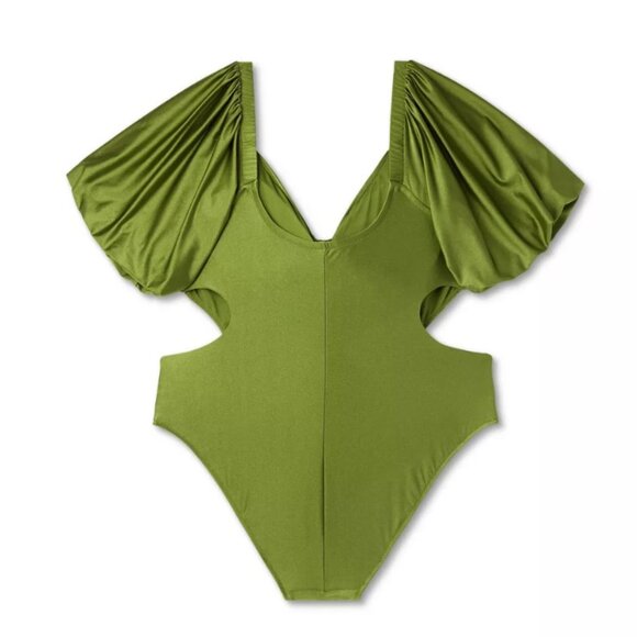 NWT Fe Noel Metallic Puff Sleeve Cut Out Medium Coverage One Piece Swimsuit - Picture 2 of 4